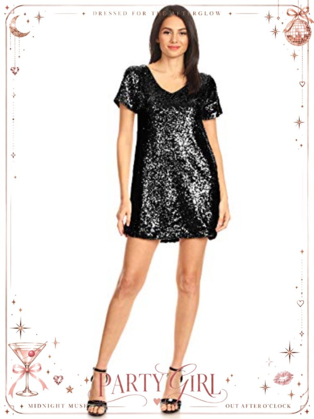 Sequin V-Neck Short Sleeve Mini T-Shirt Dress Party Shimmer Glitter